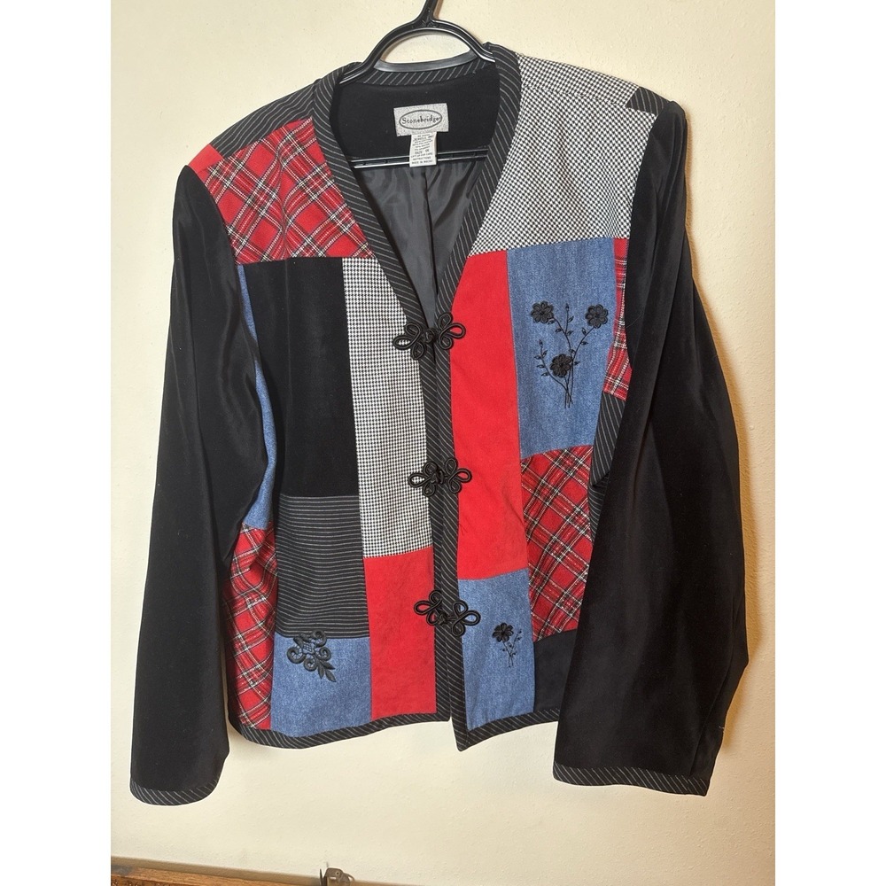 Stonebridge Patchwork Jacket 1X Black‎ Red Denim Plaid Floral Embroidered